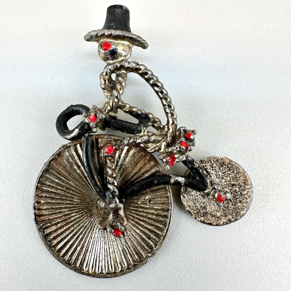Vintage Bicycle Brooch Rope Creepy Man w/Hat Riding Pewter Tone Black Red Enamel